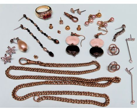 single 18k gold stud earring, various other gold coloured earrings, 9ct gold chain clasp, dress ring, chain etc

All appear i