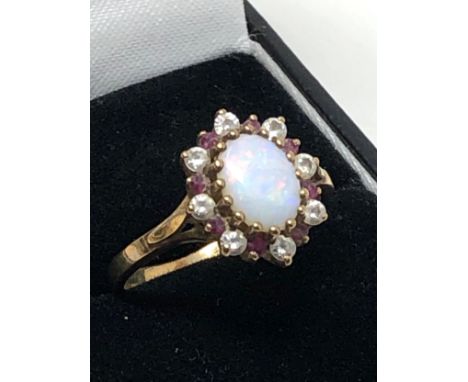 9ct gold vintage opal, garnet &amp; clear gemstone halo cocktail ring (2.3g)