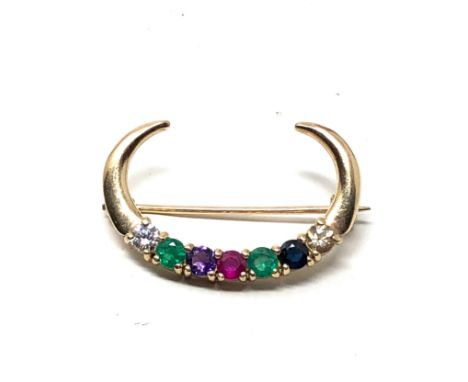 9ct gold diamond,emerald, amethyst, ruby, sapphire &amp; tourmaline acrostic "dearest" crescent moon brooch (4g)