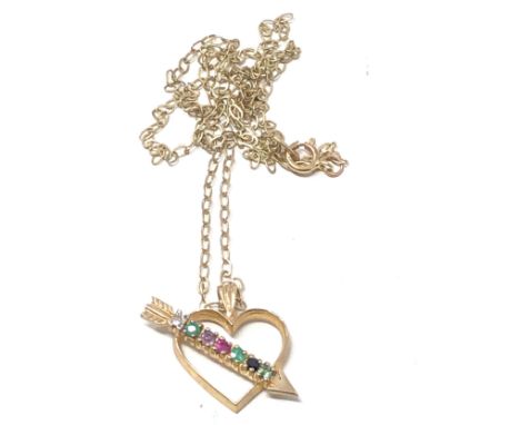 9ct gold  arrow &amp; heart pendant on chain including diamond, emerald, amethyst, ruby, sapphire &amp; tourmaline (1.8g)