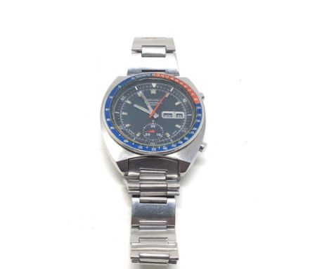 Rare Vintage Seiko 6139-6002 Pogue  Date Chronograph Automatic Steel Watch missing button as shown the watch is ticking no wa