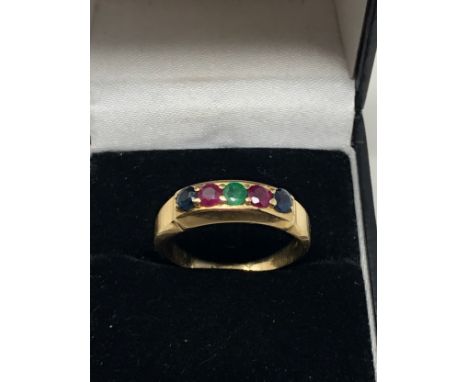 14ct gold sapphire, ruby &amp; emerald five stone ring (3.4g)