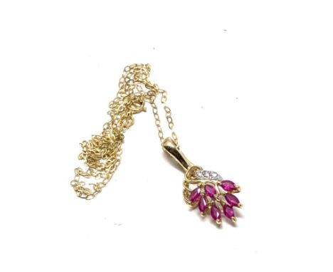 9ct gold ruby &amp; diamond floral cluster pendant necklace (1.6g)