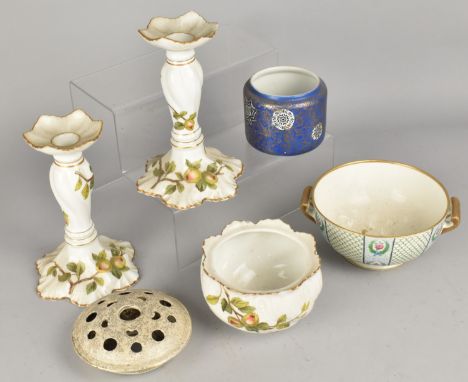 A Collection of Various Ceramics to Comprise Pair of French Limoges Porcelain Apple Branch Decorated Candlesticks and Matchin