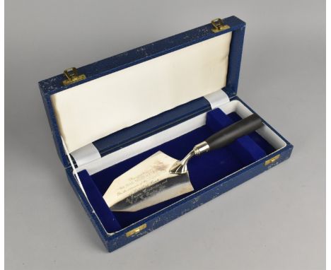 A Cased Silver Plated Commemorative Trowel Presented to Sir. Hal Miller MP on the Occasion of the Topping Out of Lake End Cou