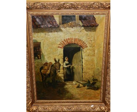 H. Van Viegen (Dutch school), Peasant Woman and Donkey, oil on canvas, oil on canvas, signed lower left. H: 80cm W: 60cm