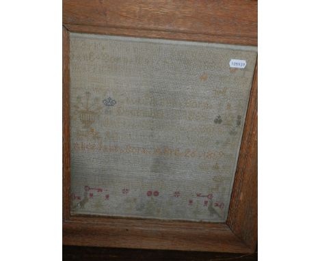 A 19th century needlework sampler of a family tree, first date is 1833 and last date is 1872. 