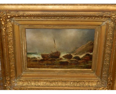 19th century British school, a seascape, oil on canvas, unsigned, within an ornate giltwood frame. H: 22cm W: 37cm