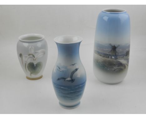 A Royal Copenhagen porcelain vase pattern 'seagull' H.18cm, together with a Bing and Grondahl vase and a Denmark vase, togeth