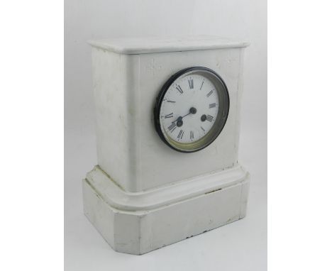 A white painted slate eight day striking mantle clock, having white enamel dial with Roman numerals. H: 26cm W: 23cm D: 13cm