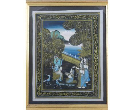 Early 20th century Indian school, Krishna plays his pipe to three Gopis beneath the trees, gouache with gilt on fabric, unsig
