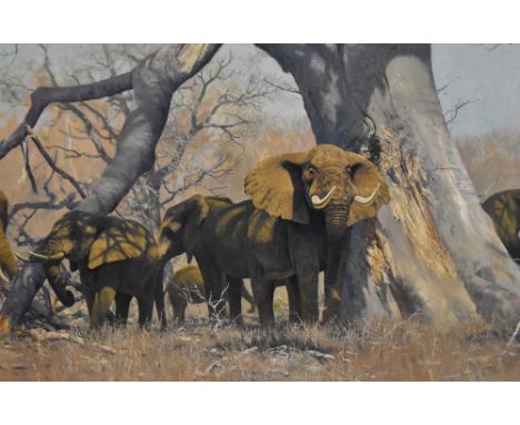 Anthony Gibbs (b.1951, British), acrylic on canvas, 'Baobab', A troop of African elephants sheltering under a baobab tree, si