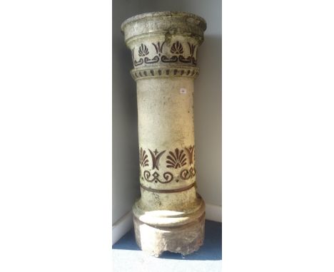 LARGE VICTORIAN STONEWARE CHIMNEY of cylindrical form with repeating incised decoration to the frieze and trunk of the body, 