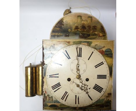 LATE 18th CENTURY LONGCASE CLOCK FACEwith an eight day movement with two brass weights, the arched face decorated with castle