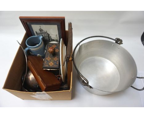 MIXED LOT OF COLLECTABLESincluding an aluminium preserve pan, an Ademco Ltd. paper guillotine, pottery lidded stein, Dudson r