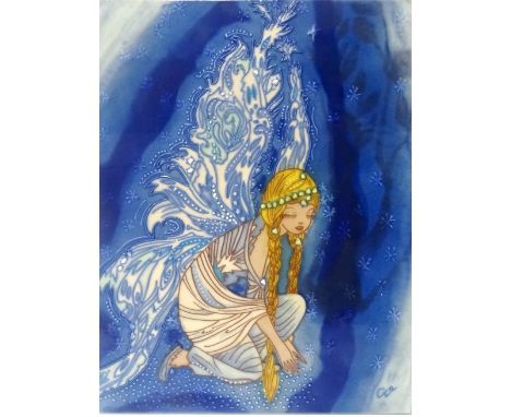 TUBE LINED CERAMIC PANELdepicting a kneeling Fairy, monogrammed, 35.4cm x 27.8cm 