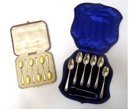 SET OF EDWARD VII SILVER TEA SPOONSand a pair of sugar nips, cased, by John Deakin & Sons, Sheffield 1905; together with a se