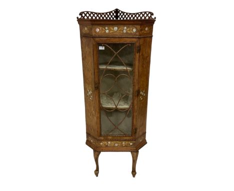 Victorian inlaid walnut floor-standing corner cabinet, the raised back pierced with fretwork with beaded front edge, the frie