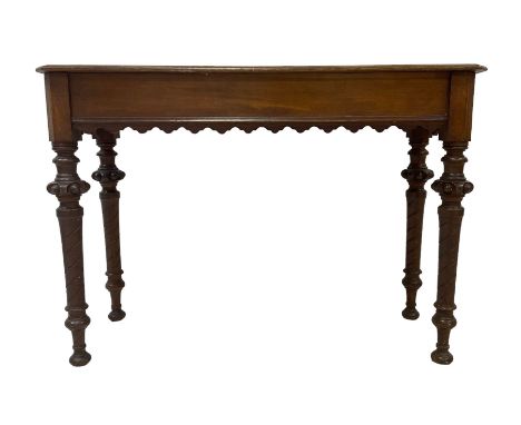 Late 19th century oak console table, rectangular top with canted corners and moulded edges over shaped rail, fitted with sing