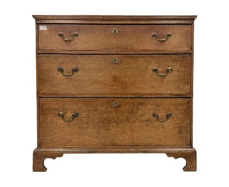 Early George III oak straight-front chest, rectangular top with moulded edge, fitted with three graduating drawers, raised on