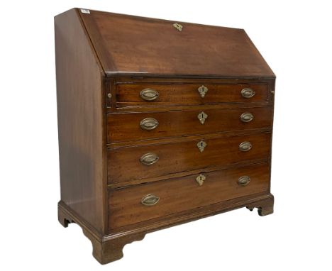 George III mahogany bureau, fall-front enclosing fitted interior,  above four graduating cockbeaded drawers, each with brass 