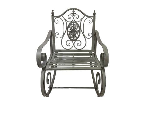 Washed grey finish wrought metal rocking garden armchair, pierced back with scroll design over strap seatDimensions: Height:&