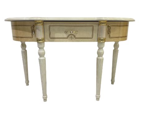 Italian classical style marble effect console table, D-shaped top over single central drawer flanked by two curved cupboards,