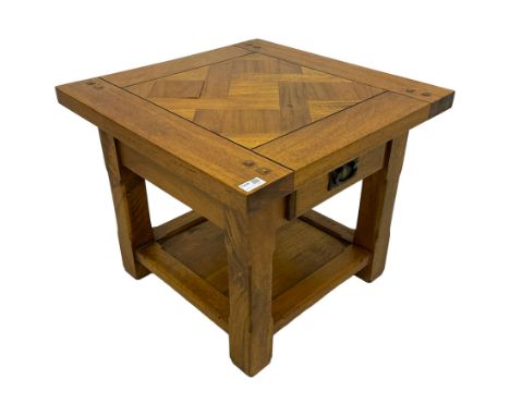 Hardwood lamp or side table, square parquetry top over single drawer, square supports joined by undertierDimensions: Height:&