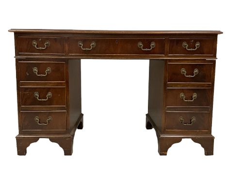 Edwardian mahogany twin pedestal desk, rectangular top with inset leather writing surface and moulded edge, fitted with nine 