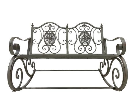 Washed grey finish wrought metal rocking garden bench seat, pierced back with scroll design over strap seatDimensions: Height