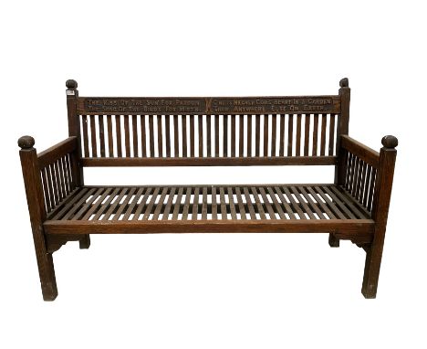 Early to mid-20th century teak garden bench, slatted back and seat, raised on square supports with shaped spandrelsDimensions