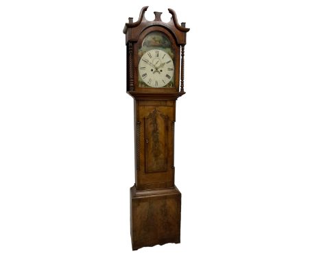 19th century - figured mahogany 8-day longcase clock c1850, with a swans neck pediment and break arch hood door, rope twist p