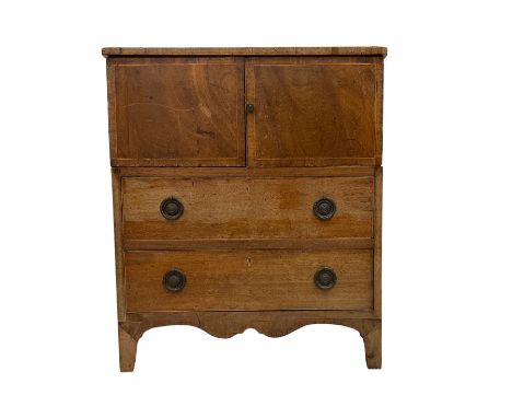 George III mahogany converted night-cabinet commode, rectangular top over two crossbanded cupboard doors and boxwood stringin