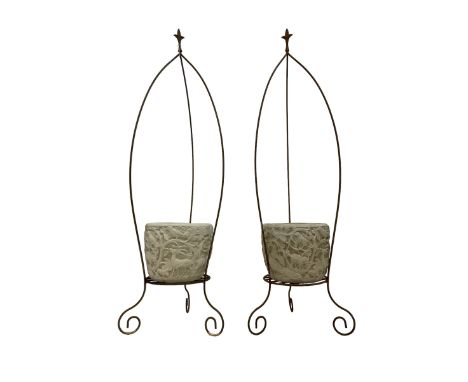 Pair composite stone planters with wrought metal stands, the planter decorated with a tree of life relief Dimensions: Height: