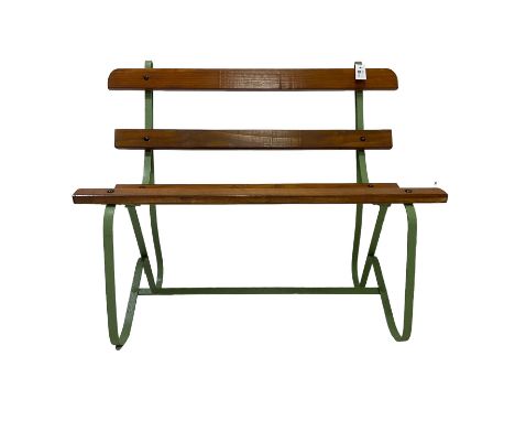 Small garden bench, green painted strapwork metal supports with wooden slatsDimensions: Height:&nbsp;81cm&nbsp; Length/Width: