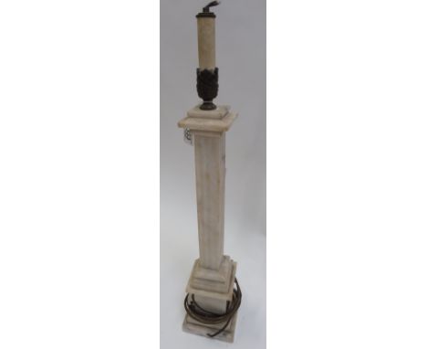 A 20th Century light grey marble pillar table lamp on square base and with foliate metal fitting to the top, 67cm high