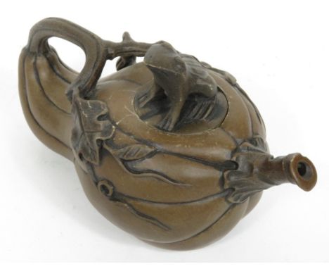 A Chinese stonework teapot modelled in the form of a squash with frog finial on lid, 15cm long