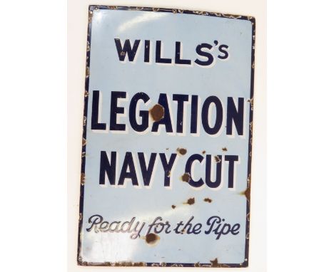 A single sided enamelled metal advertising sign Wills Legation Navy Cut Ready for the Pipe" dark blue lettering on light blue