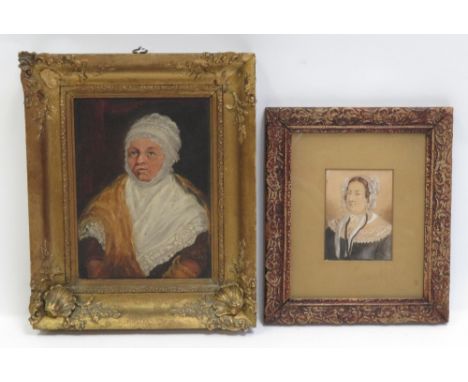 19th Century Continental School - half length portrait of a woman wearing white lace cap and shawl, oil on board, unsigned, i