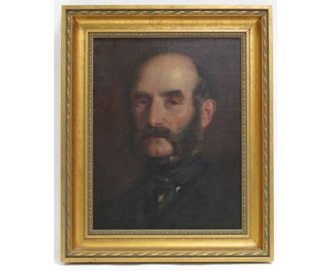 19th Century English School - head and shoulders portrait of a gentleman wearing dark cravat with gold pin, oil on canvas, 44