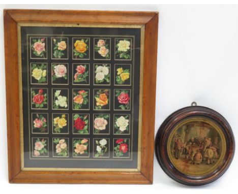 A set of twenty five chromo litho Rose cigarette cards mounted in a frame together with a circular framed 19th Century print 