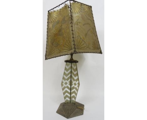 A circa 1920's/30's French made table lamp, having cast hexagonal white "metal base" three part glass pillar with frosted det