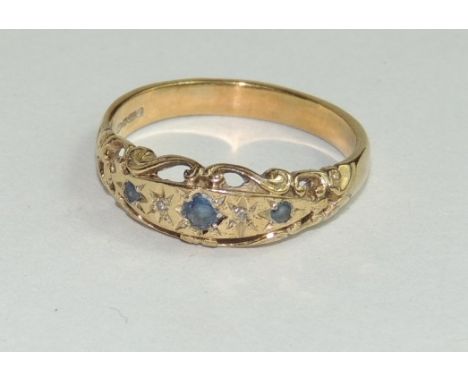 A 9 carat gold sapphire and diamond ring, in the Victorian style, finger size R, 3 g gross