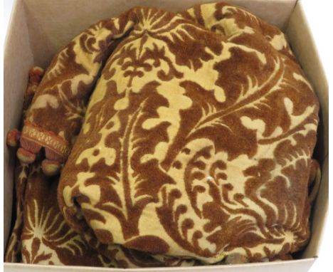 Three large Victorian bown brocade curtains with original knotted ball" edging"