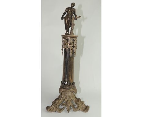 A Victorian desk thermometer of pillar form surmounted by cast brass figure of William Shakespeare and on cast openwork rococ