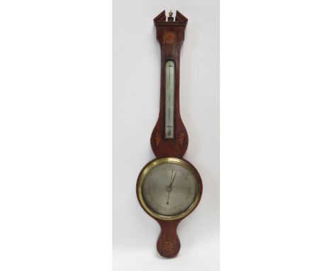 A George IV inlaid mahogany wheel barometer and thermometer, by Egerton & Smith, Peel Lane, Liverpool, with shell and flower 