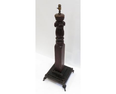 A floor lamp constructed from a 19th Century carved mahogany column (from a tester bed) on square base, 100cm high