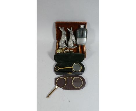 A Leather Covered Box Containing Hip Flask, Pewter Hair Ornaments, Novelty Box in the Form of a Chick, Lorgnettes etc 