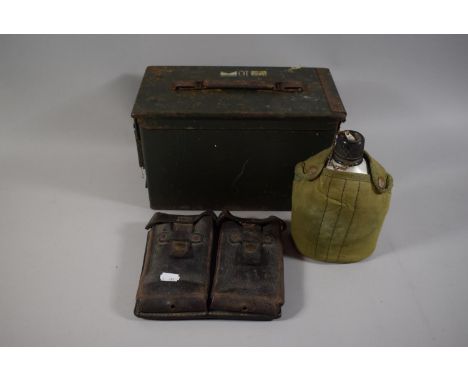 A Military Water Bottle, Ammunition Pouches with Machine Gun Strips and Metal Box for Cartridges, RD Clips and Bandoleers 