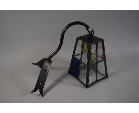 A Leaded Glazed Light Shade with Iron Corner Hanging Bracket, 25cm high 